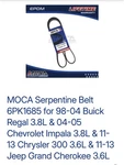 Moca Serpentine Belt 6PK1685. Fixed Price $13.83.