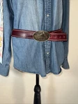 Vintage Victor His Master Voice Brass Buckle W/ Glazed Leather Belt Sz. Fixed Price $34.00.