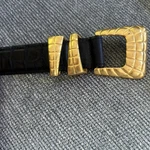 Vintage Carlisle Black Leather Belt With Gold Textured Buckle Sz. Fixed Price $15.00.